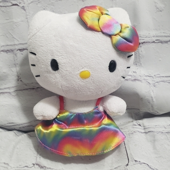 TY Sanrio Hello Kitty 6" Beanbag Plush Rainbow Tie Dye Dress Bow - Picture 1 of 8